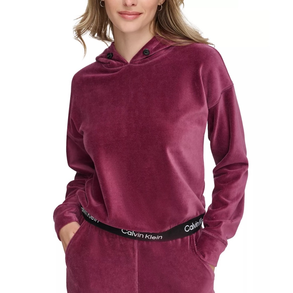 Calvin Klein Velour Pullover Hoodie NWT Burgundy Merlot Logo NWT Size S - Picture 3 of 5